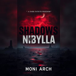 A dark dystopian book cover design for a novel titled "Shadows of Nibylla" with the subtitle "A Dark Path to Freedom" written by Moni Arch