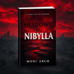 A dark dystopian book cover design for a novel titled "Shadows of Nibylla" with the subtitle "A Dark Path to Freedom" written by Moni Arch