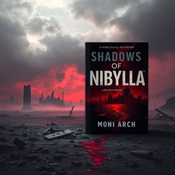 A dark dystopian book cover design for a novel titled "Shadows of Nibylla" with the subtitle "A Dark Path to Freedom" written by Moni Arch