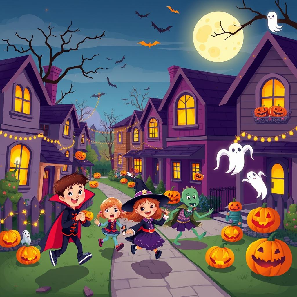 A lively and enchanting Halloween night depicted in HD flat cartoon style, featuring a charming neighborhood brimming with Halloween festivities