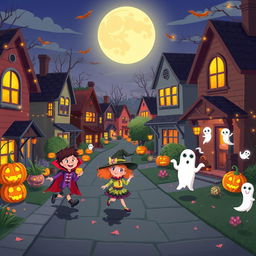 A lively and enchanting Halloween night depicted in HD flat cartoon style, featuring a charming neighborhood brimming with Halloween festivities