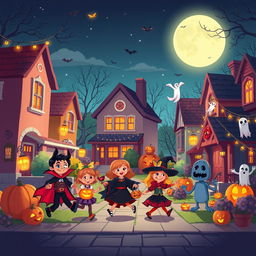 A lively and enchanting Halloween night depicted in HD flat cartoon style, featuring a charming neighborhood brimming with Halloween festivities