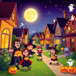 A lively and enchanting Halloween night depicted in HD flat cartoon style, featuring a charming neighborhood brimming with Halloween festivities