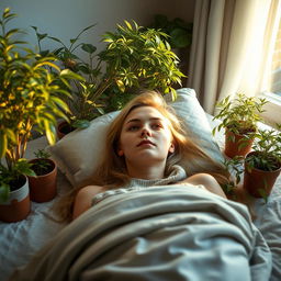 In a bedroom, a young European woman with light long hair lies on her back on the bed, gazing at a Nephrolepis exaltata Bostoniensis plant that grows on either side of the bed in several pots, at varying heights