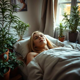 In a bedroom, a young European woman with light long hair lies on her back on the bed, gazing at a Nephrolepis exaltata Bostoniensis plant that grows on either side of the bed in several pots, at varying heights