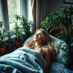 In a bedroom, a young European woman with light long hair lies on her back on the bed, gazing at a Nephrolepis exaltata Bostoniensis plant that grows on either side of the bed in several pots, at varying heights