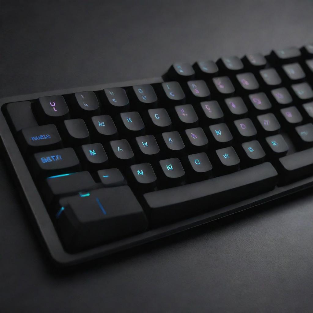 A sleek mechanical keyboard with multicolored LED lights, black keys, and a brushed metal frame. Letters are etched in a modern, minimalist font.