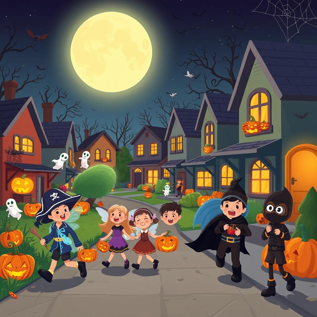 A lively Halloween night scene illustrated in HD flat cartoon style, featuring a bustling neighborhood filled with Halloween decorations