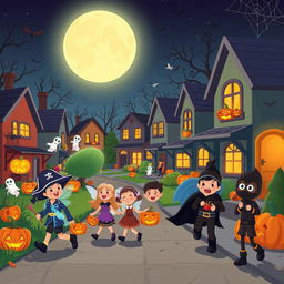 A lively Halloween night scene illustrated in HD flat cartoon style, featuring a bustling neighborhood filled with Halloween decorations