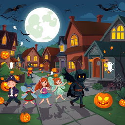 A lively Halloween night scene illustrated in HD flat cartoon style, featuring a bustling neighborhood filled with Halloween decorations