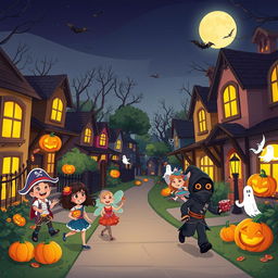 A lively Halloween night scene illustrated in HD flat cartoon style, featuring a bustling neighborhood filled with Halloween decorations