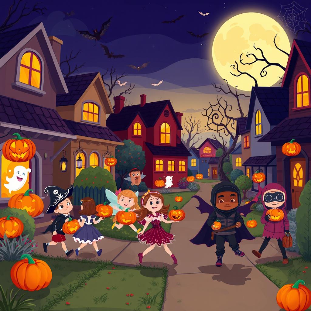 A lively Halloween night scene illustrated in HD flat cartoon style, featuring a bustling neighborhood filled with Halloween decorations