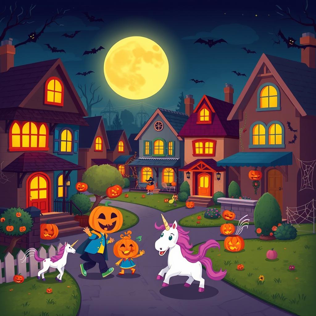 A vibrant Halloween night scene depicted in HD flat cartoon style, showcasing a lively neighborhood bustling with Halloween cheer