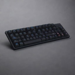 A sleek mechanical keyboard with multicolored LED lights, black keys, and a brushed metal frame. Letters are etched in a modern, minimalist font.