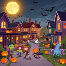 A vibrant Halloween night scene depicted in HD flat cartoon style, showcasing a lively neighborhood bustling with Halloween cheer