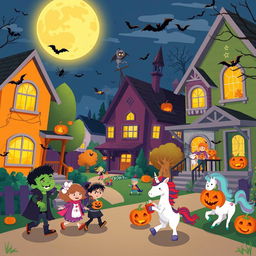 A vibrant Halloween night scene depicted in HD flat cartoon style, showcasing a lively neighborhood bustling with Halloween cheer