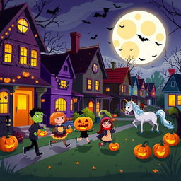 A vibrant Halloween night scene depicted in HD flat cartoon style, showcasing a lively neighborhood bustling with Halloween cheer