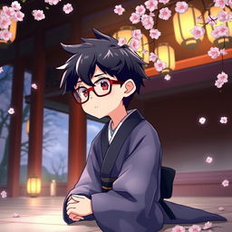 Anime-style illustration of a boy with black hair styled in a wolfcut, wearing trendy Shein glasses and featuring a distinctive mole