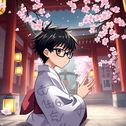 Anime-style illustration of a boy with black hair styled in a wolfcut, wearing trendy Shein glasses and featuring a distinctive mole