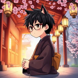 Anime-style illustration of a boy with black hair styled in a wolfcut, wearing trendy Shein glasses and featuring a distinctive mole