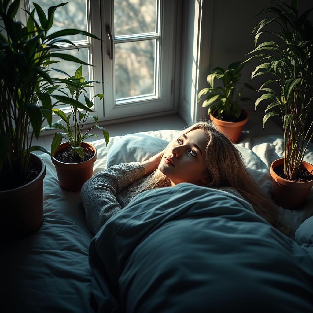 A photorealistic portrait of a young European woman with long, light hair lying on her back on a bed, gazing at a Nephrolepis exaltata Bostoniensis plant growing on either side of the bed in several pots at varying heights