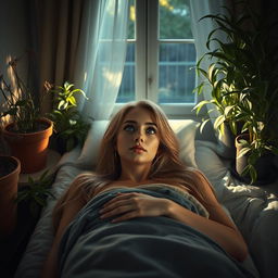 A photorealistic portrait of a young European woman with long, light hair lying on her back on a bed, gazing at a Nephrolepis exaltata Bostoniensis plant growing on either side of the bed in several pots at varying heights