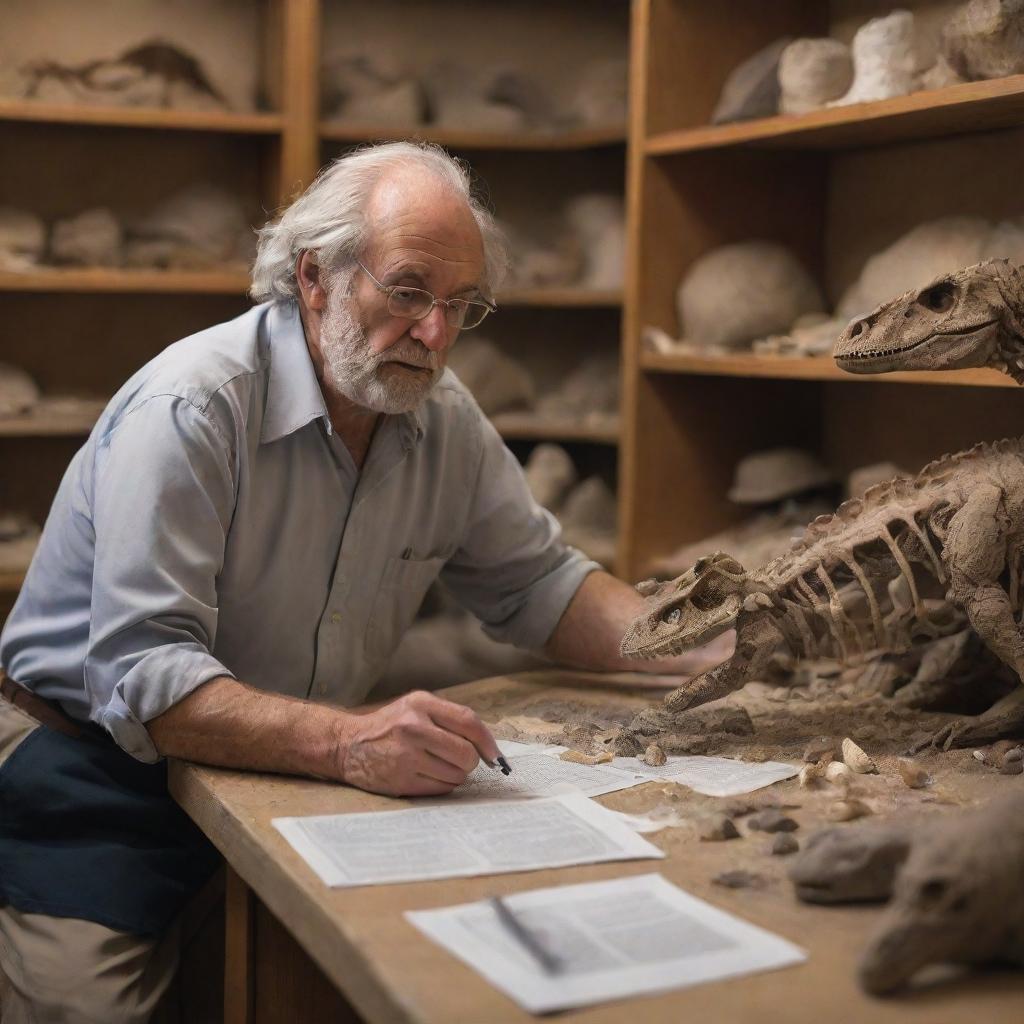 A realistic portrait of Jack Horner, prominent paleontologist, absorbed in inspecting a dinosaur fossil. The setting captures a cluttered lab with scattered fossil fragments and research papers.