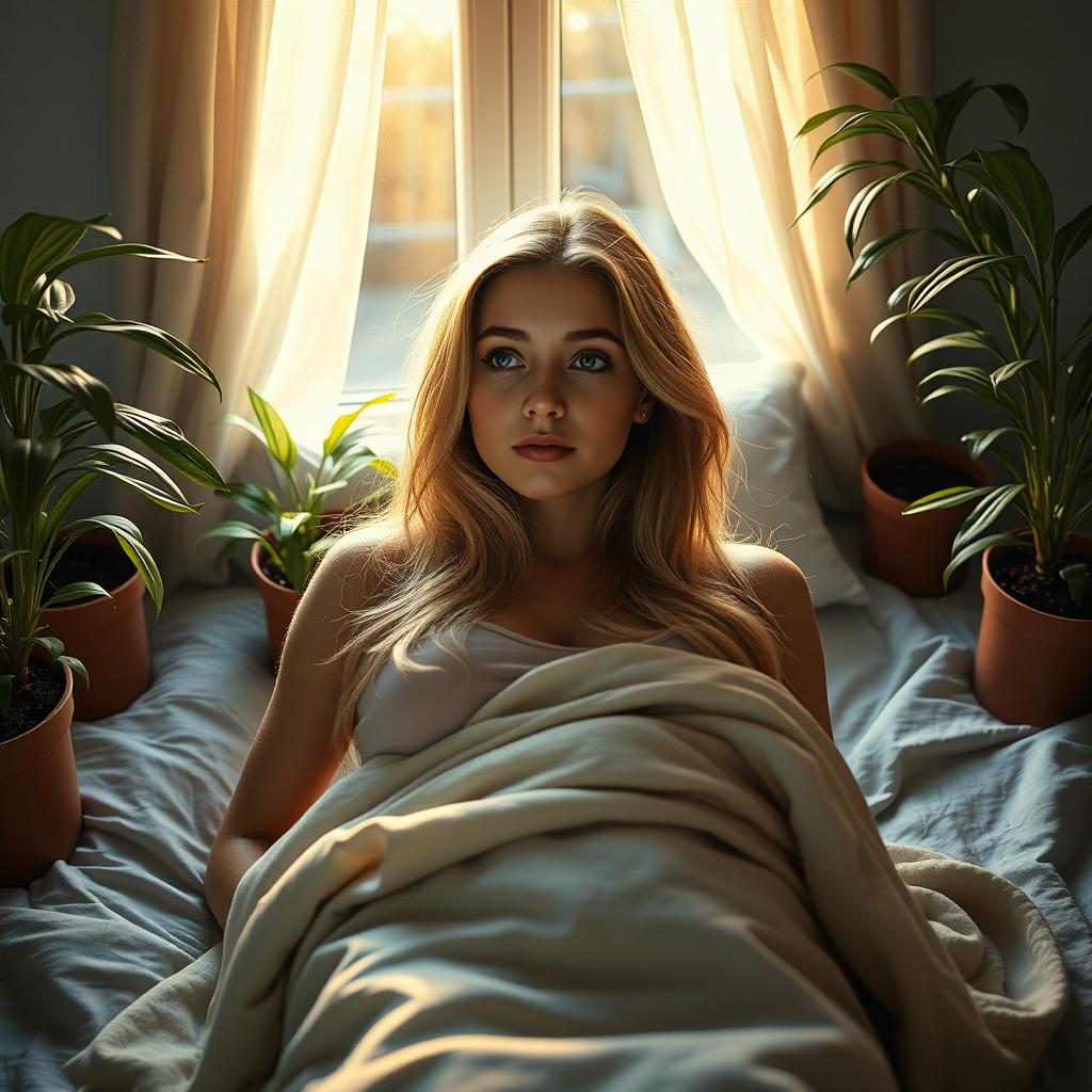 A photorealistic portrait of a young European woman with long, light hair lying on her back on a bed, gazing at a Nephrolepis exaltata Bostoniensis plant growing on either side of the bed in several pots at varying heights