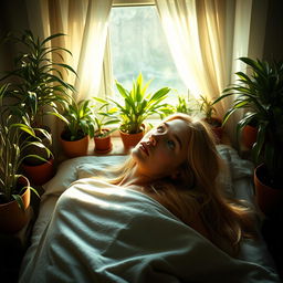 A photorealistic portrait of a young European woman with long, light hair lying on her back on a bed, gazing at a Nephrolepis exaltata Bostoniensis plant growing on either side of the bed in several pots at varying heights