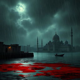 A haunting portrayal of Alexandria, Egypt in the year 1700, enveloped in a nighttime cloak of fear and pain