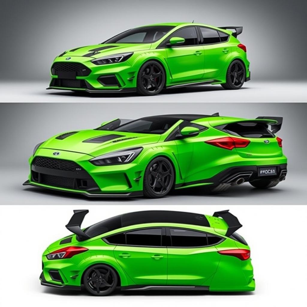 A high-performance, custom-modified AWD car encompassing three views: angled front, side, and rear