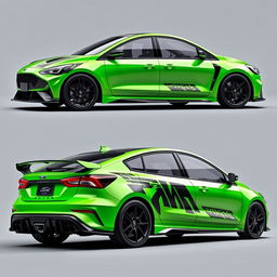 A high-performance, custom-modified AWD car encompassing three views: angled front, side, and rear