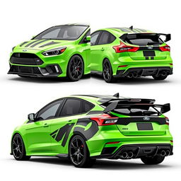 A high-performance, custom-modified AWD car encompassing three views: angled front, side, and rear