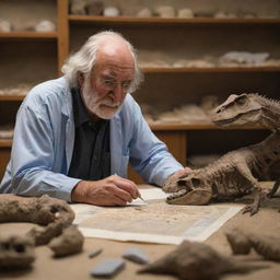 A realistic portrait of Jack Horner, prominent paleontologist, absorbed in inspecting a dinosaur fossil. The setting captures a cluttered lab with scattered fossil fragments and research papers.