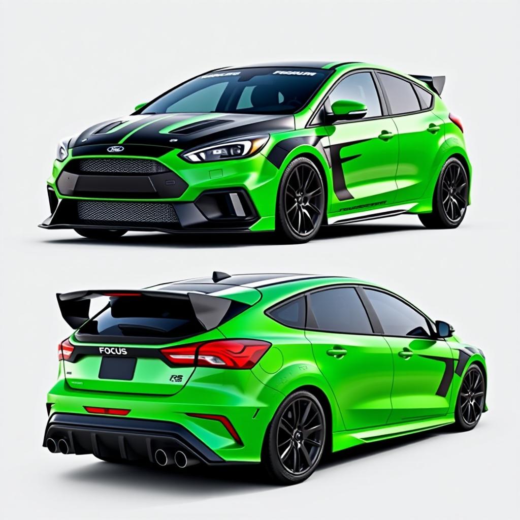 A high-performance, custom-modified AWD car encompassing three views: angled front, side, and rear