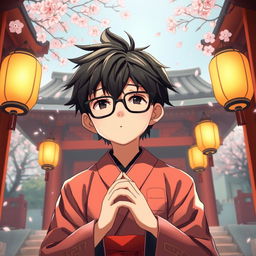 Anime-style depiction of a boy with striking black hair, fashionable Shein glasses, and a distinctive mole on his face