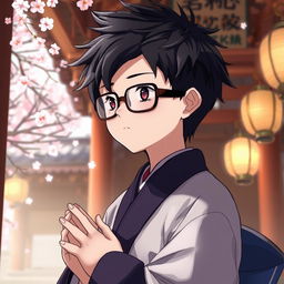 Anime-style depiction of a boy with striking black hair, fashionable Shein glasses, and a distinctive mole on his face