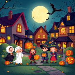 A vibrant Halloween night scene in HD flat cartoon style, capturing the essence of a delightful neighborhood celebrating Halloween