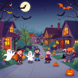 A vibrant Halloween night scene in HD flat cartoon style, capturing the essence of a delightful neighborhood celebrating Halloween