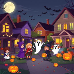 A vibrant Halloween night scene in HD flat cartoon style, capturing the essence of a delightful neighborhood celebrating Halloween