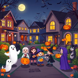 A vibrant Halloween night scene in HD flat cartoon style, capturing the essence of a delightful neighborhood celebrating Halloween