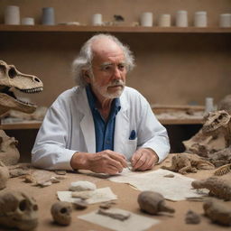 A realistic portrait of Jack Horner, prominent paleontologist, absorbed in inspecting a dinosaur fossil. The setting captures a cluttered lab with scattered fossil fragments and research papers.