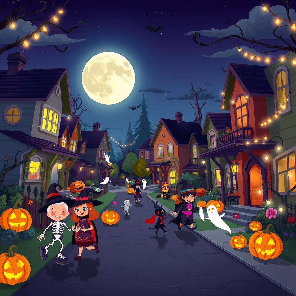 An enchanting Halloween night scene in HD flat cartoon style, capturing a vibrant neighborhood alive with Halloween festivities