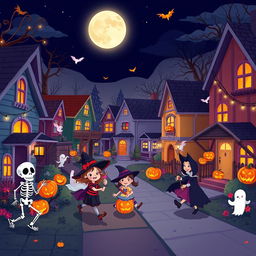 An enchanting Halloween night scene in HD flat cartoon style, capturing a vibrant neighborhood alive with Halloween festivities