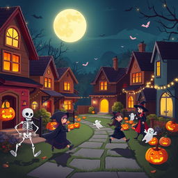 An enchanting Halloween night scene in HD flat cartoon style, capturing a vibrant neighborhood alive with Halloween festivities