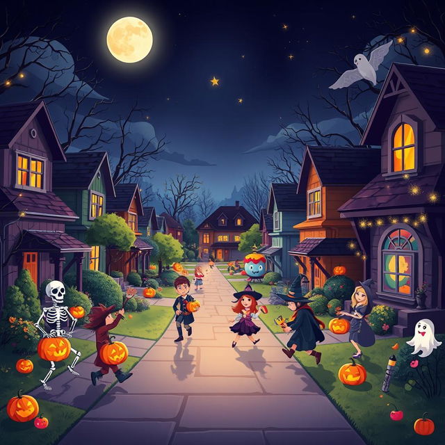 An enchanting Halloween night scene in HD flat cartoon style, capturing a vibrant neighborhood alive with Halloween festivities