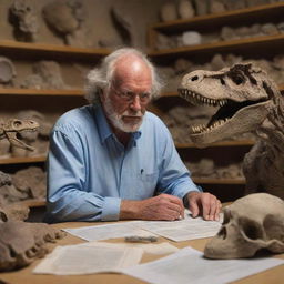 A realistic portrait of Jack Horner, prominent paleontologist, absorbed in inspecting a dinosaur fossil. The setting captures a cluttered lab with scattered fossil fragments and research papers.