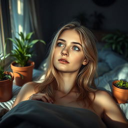 A photorealistic close-up portrait of a young European woman with long, light hair lying on her back on a bed, gazing at a Nephrolepis exaltata Bostoniensis plant growing in several pots at varying heights on either side of the bed