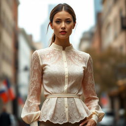 A fashionably dressed woman wearing a stylish long sleeve blouse