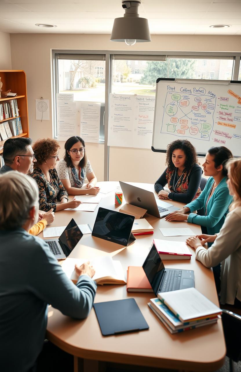 A diverse group of school principals gathered around a large table in a conference room, engaged in a brain-storming session to develop strategies that foster a sense of belonging within their school community